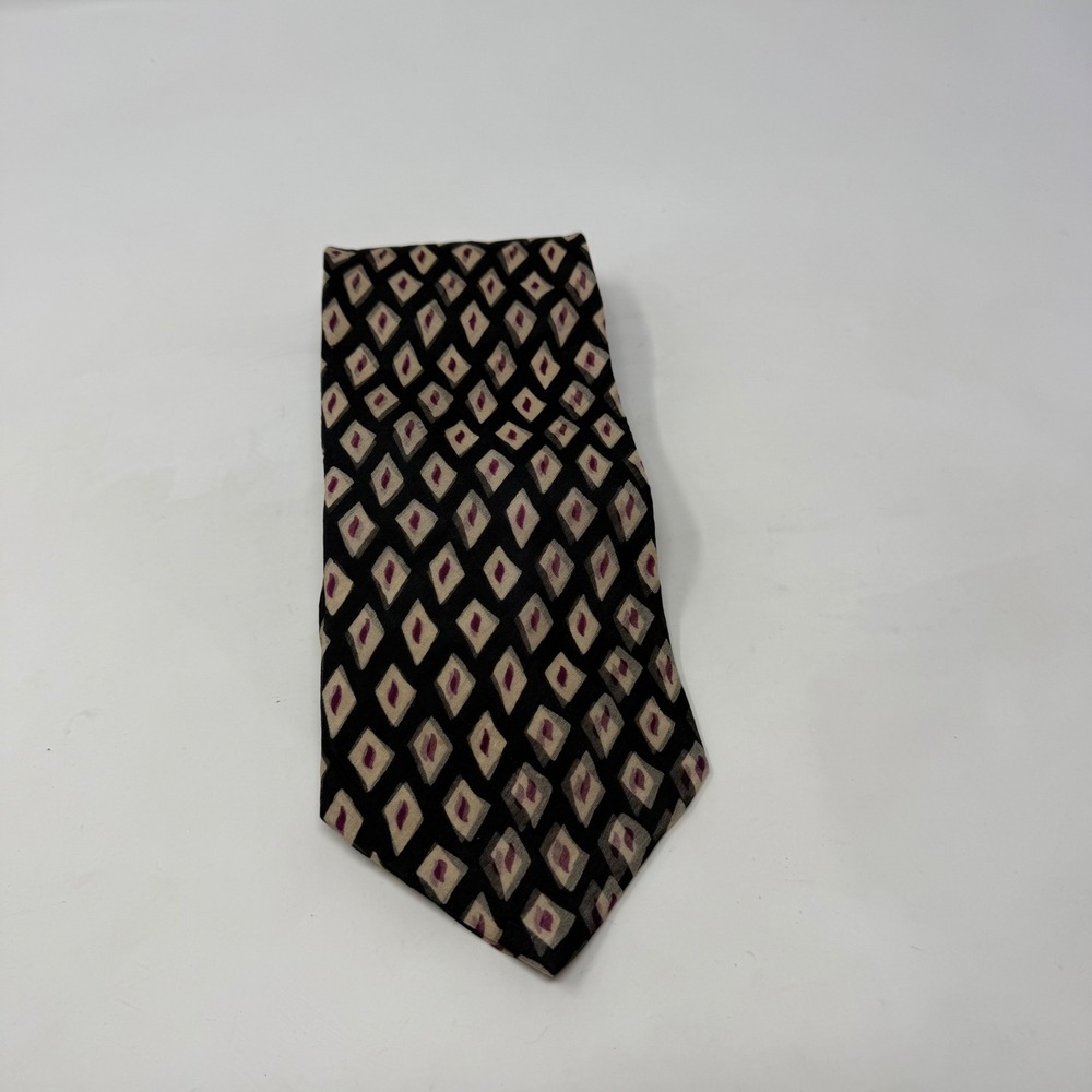 Conte di Milano Mens Silk Tie Black Tan Purple Geometric Diamond Pattern 4 Inch‎